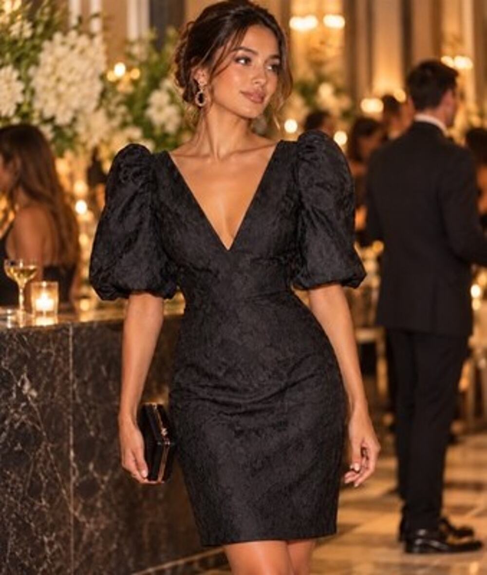 ASOS River Island Puff Sleeve Plunge Black Jacquard Dress 14 NWT Cocktail $120